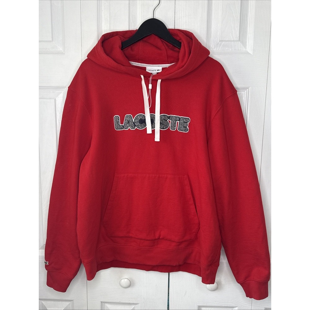 Lacoste Men's Red Long Sleeve Prominent Lettering Hoodie Embroidered Size XXL